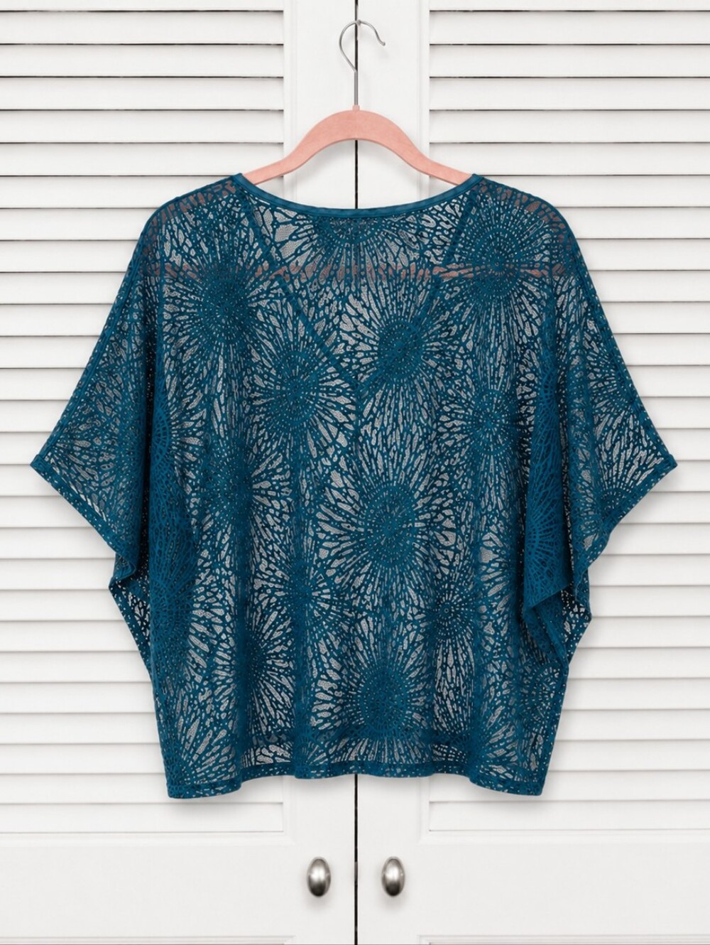 White House Black Market Oversized Sheer Lace Top Teal Boho Festival XXS - Picture 3 of 7